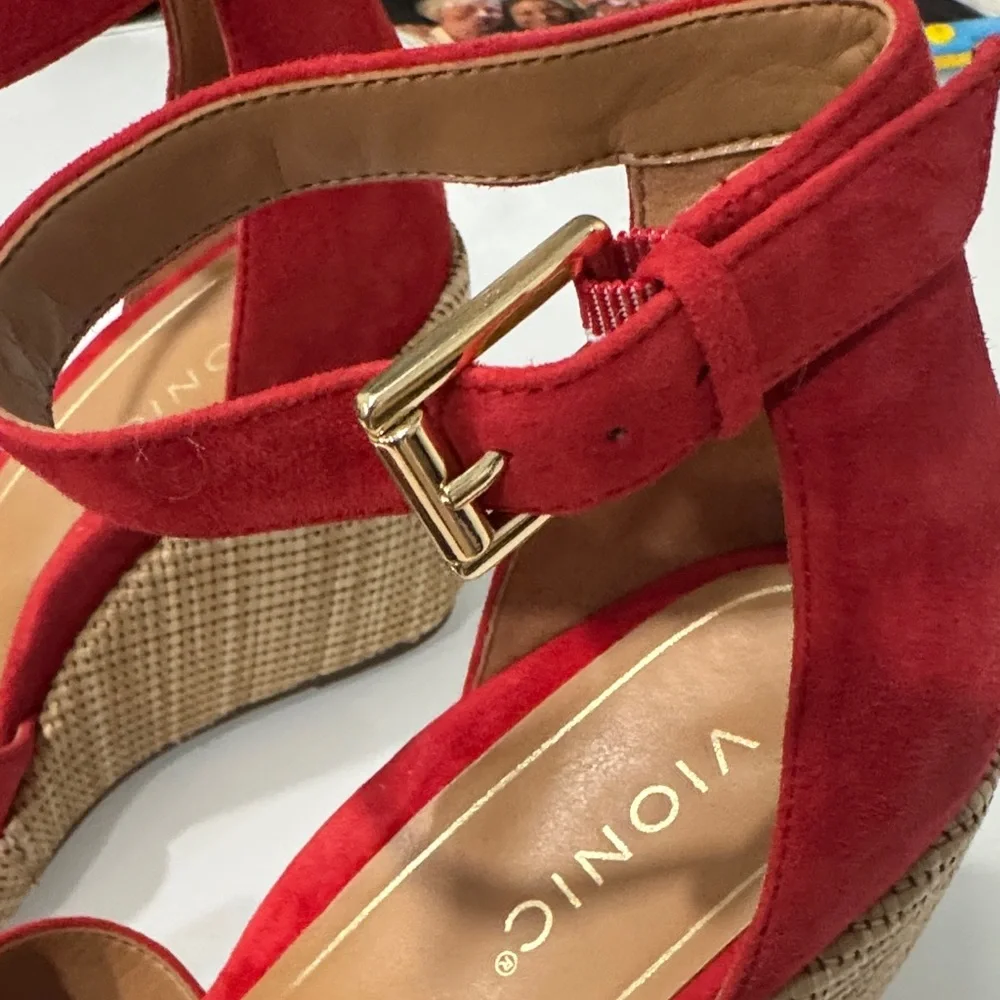 Vionic Red Suede Ankle-Strap Wedge Sandals - Picture 4 of 8
